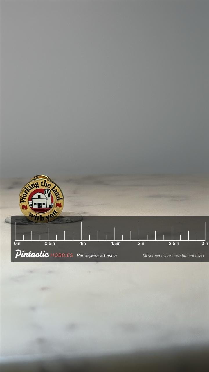 Working the Land With You Farmer Pin: Gold Tone Enamel - Farm Theme Accessory with ruler overlay for size reference
