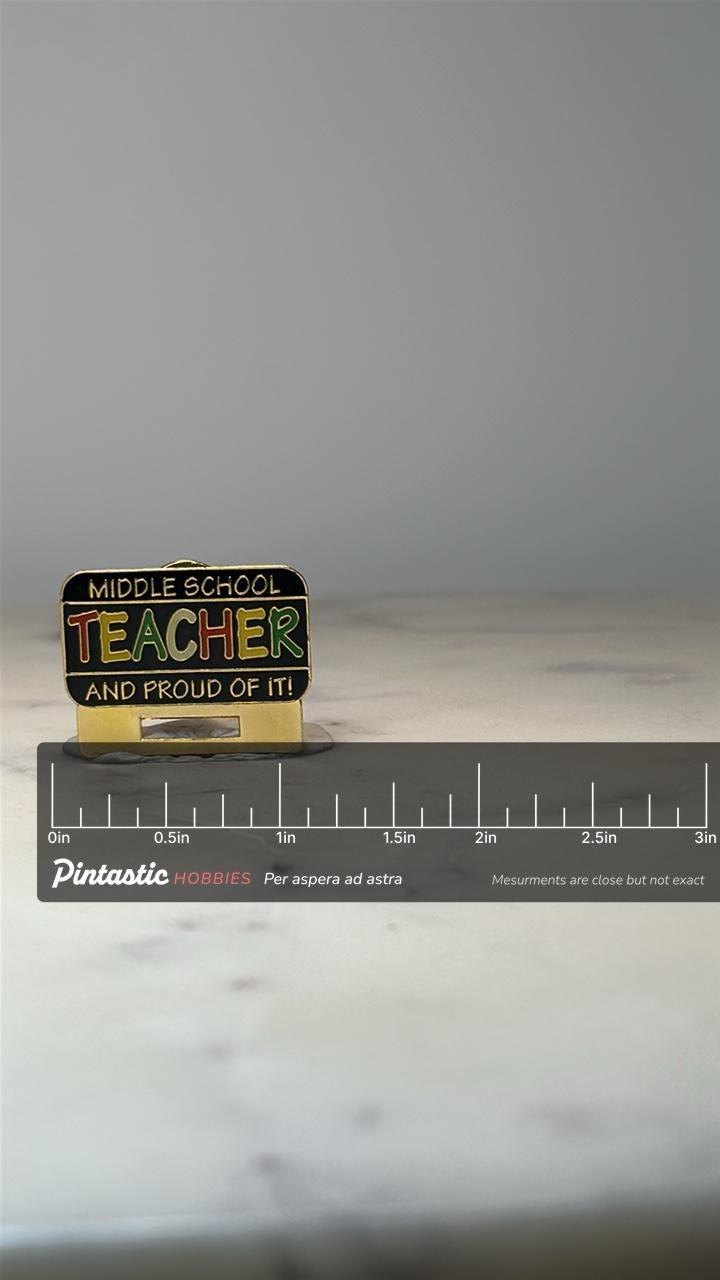 Middle School Teacher Lapel Pin: Gold Tone Enamel - School Pride Accessory with ruler overlay for size reference