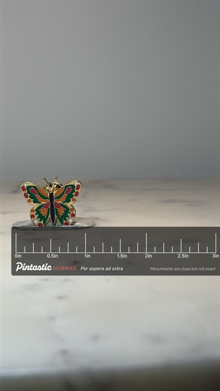 Butterfly Enamel Lapel Pin: Gold Tone Multicolor - Nature Accessory with ruler overlay for size reference