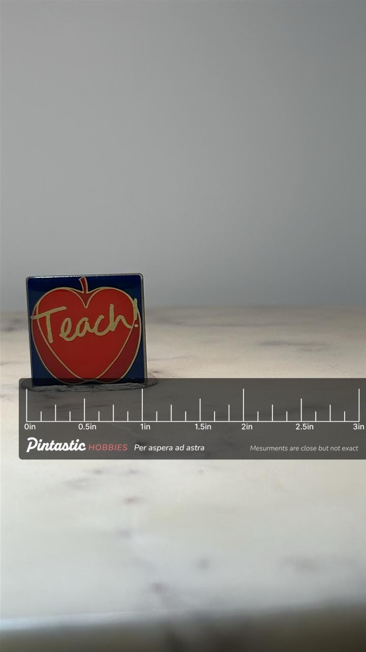 Teach Apple Enamel Pin: Red & Blue Teacher School Accessory with ruler overlay for size reference
