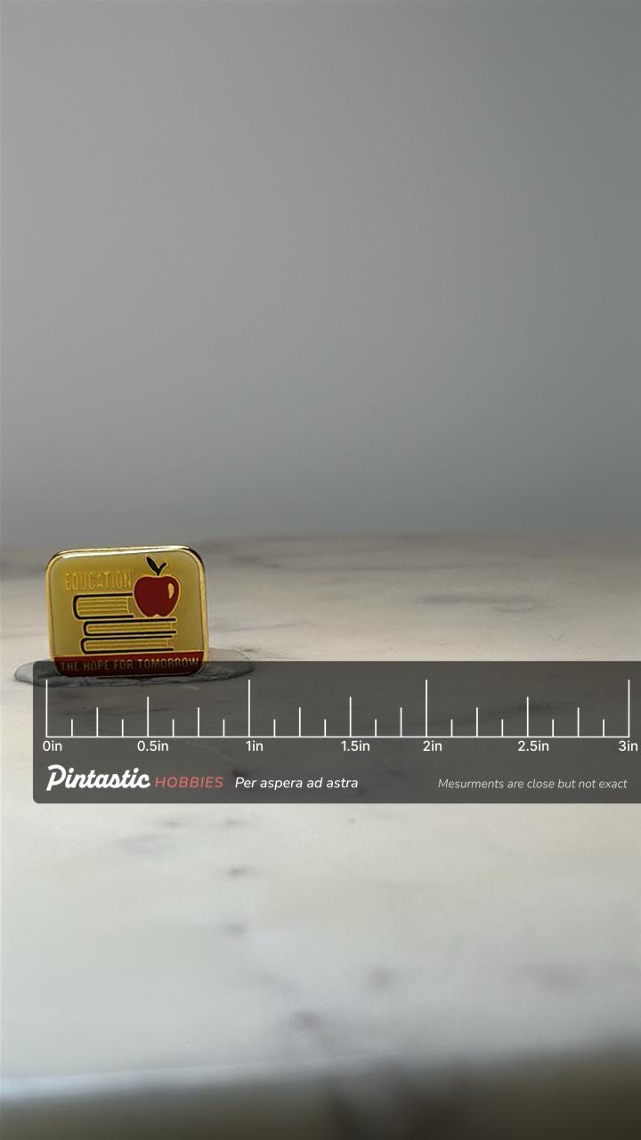 Education Enamel Pin: Gold Tone Apple & Books - School Theme Accessory with ruler overlay for size reference