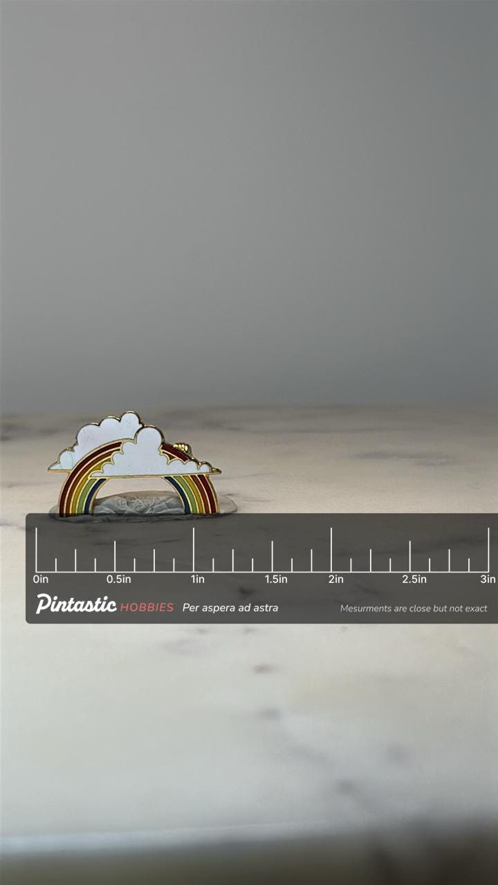 Rainbow Cloud Enamel Pin: Gold Tone Multicolor - Retro Accessory with ruler overlay for size reference