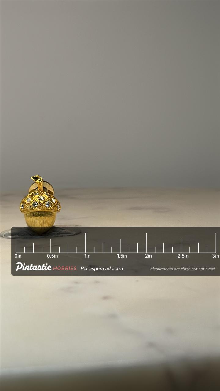 Acorn Lapel Pin: Gold Tone Rhinestone - Nature Woodland Accessory with ruler overlay for size reference