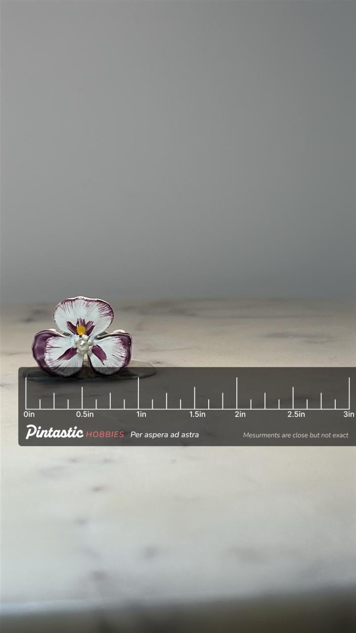 Pansy Flower Enamel Pin: White & Purple - Vintage Floral Accessory with ruler overlay for size reference