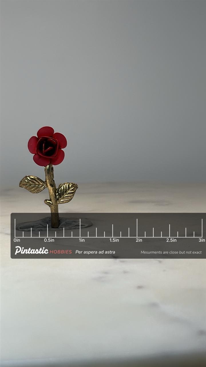 Red Rose Flower Lapel Pin: Gold Tone Metal - Romantic Floral Accessory with ruler overlay for size reference