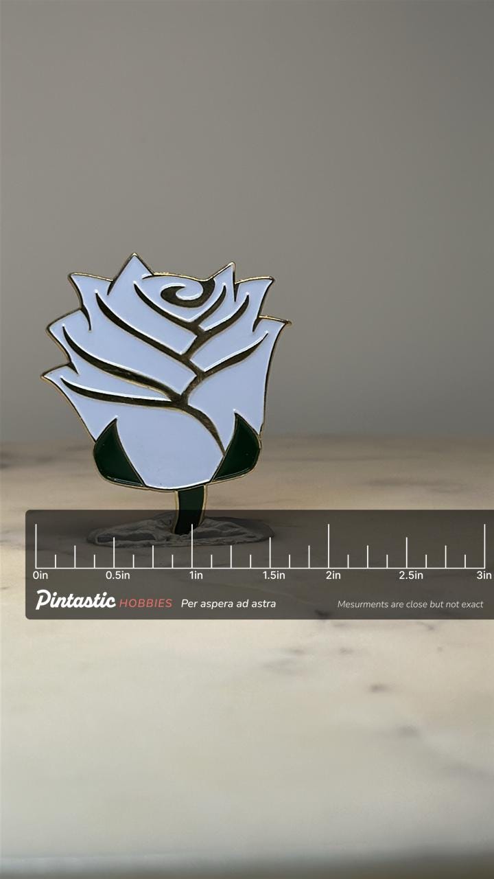 White Rose Flower Lapel Pin: Enamel Gold Tone - Floral Accessory with ruler overlay for size reference