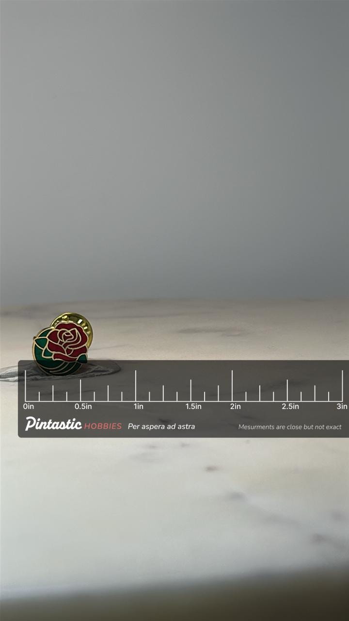 Red Rose Floral Enamel Pin: Gold Tone Cloisonne - Vintage Style Accessory with ruler overlay for size reference