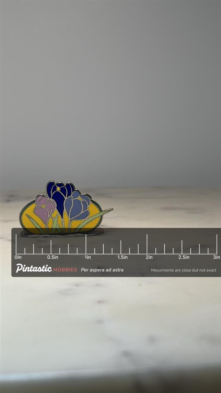 Crocus Flower Enamel Pin: Multicolor Cloisonne - Spring Garden Accessory with ruler overlay for size reference