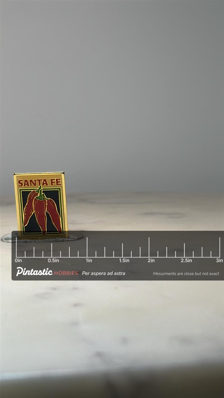 Santa Fe Chili Pepper Souvenir Pin: Gold Tone Enamel - Southwest Travel Accessory with ruler overlay for size reference