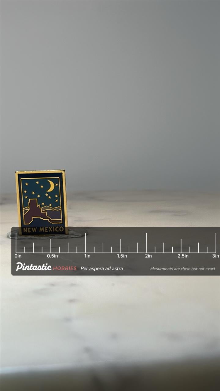 New Mexico Scenic Enamel Pin: Gold Tone Night Sky - Southwest Souvenir Accessory with ruler overlay for size reference