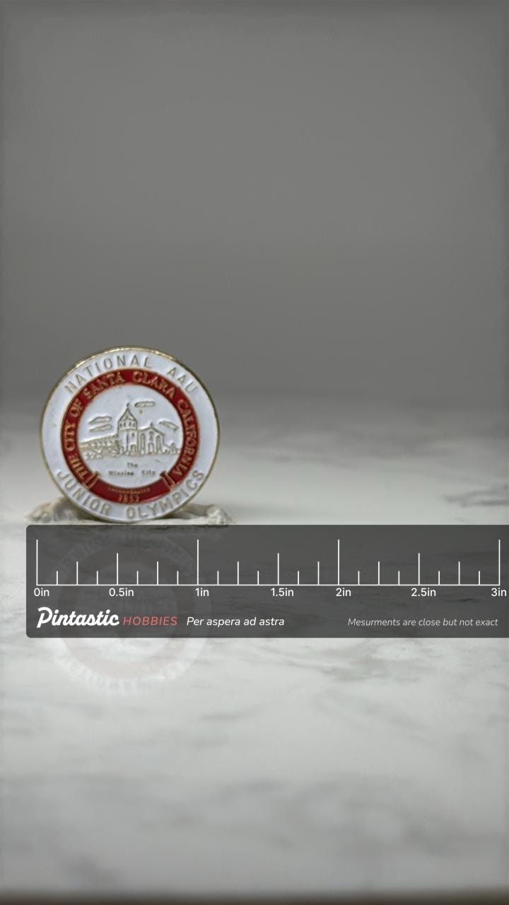 Santa Clara Junior Olympics Pin: Red White Enamel - Vintage CA Souvenir with ruler overlay for size reference