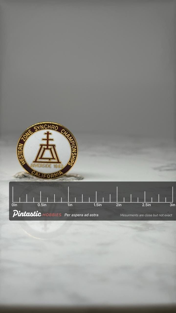 Western Zone Synchro Championships Pin: Gold Enamel - 1983 CA with ruler overlay for size reference