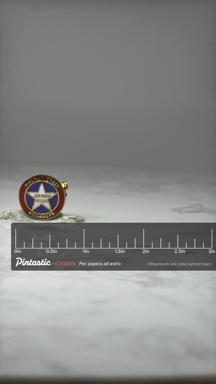 Walnut Creek Aquanuts Enamel Pin: Red White Blue - Swim Team with ruler overlay for size reference