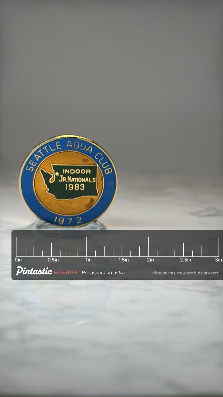 Seattle Aqua Club Enamel Pin: Blue & Gold - 1983 Jr Nationals with ruler overlay for size reference