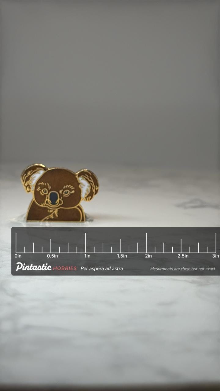 Koala Bear Enamel Pin: Brown Gold Tone - Vintage Animal Accessory with ruler overlay for size reference