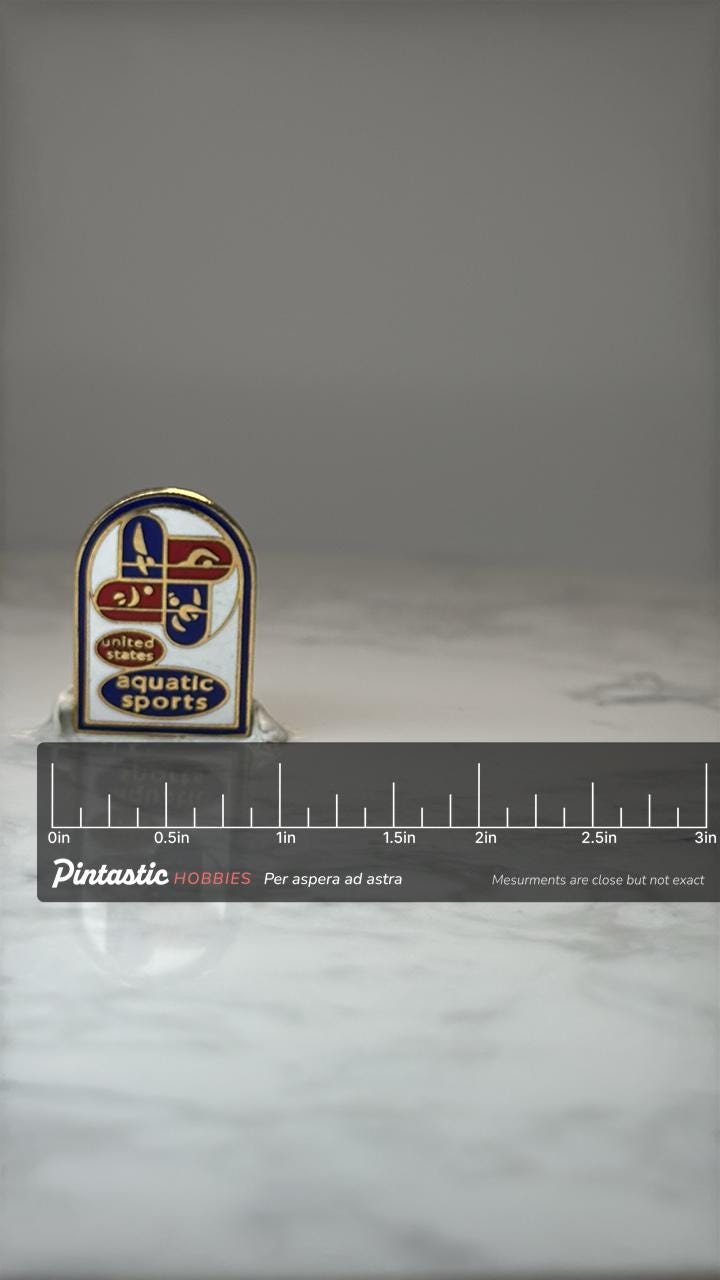 United States Aquatic Sports Enamel Pin: Red White Blue - Patriotic Accessory with ruler overlay for size reference
