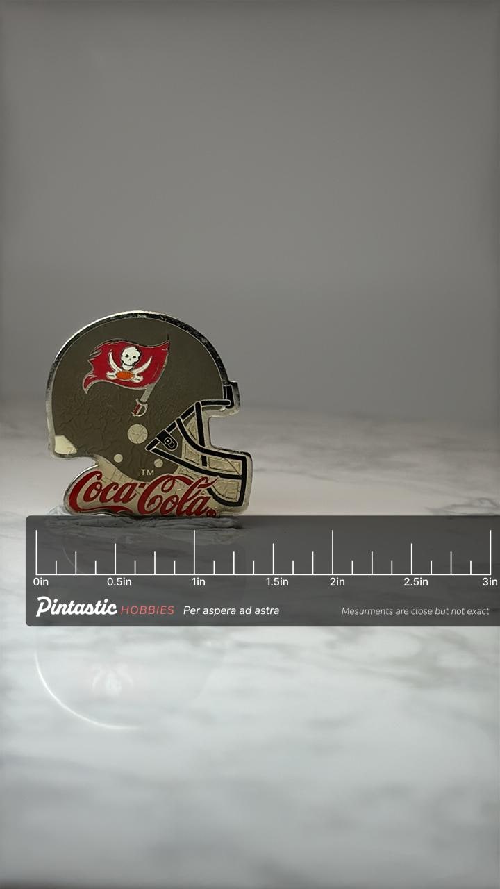 Tampa Bay Buccaneers Helmet Pin: Red & Pewter - NFL Coca-Cola Promo with ruler overlay for size reference
