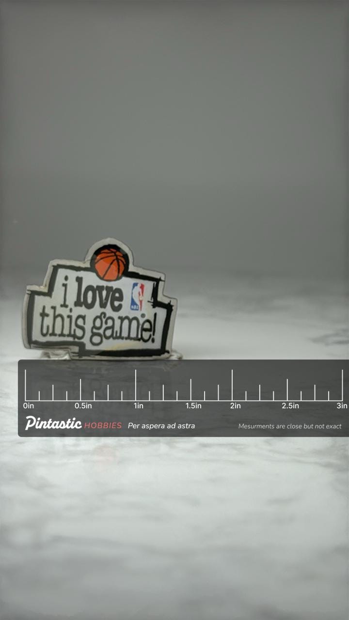I Love This Game NBA Pin: Enamel Basketball - Sports Fan Accessory with ruler overlay for size reference