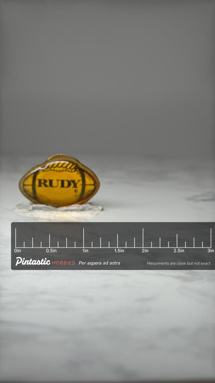 Rudy Football Enamel Pin Vintage Movie Sports Motivational Notre Dame Inspired Lapel Pin with ruler overlay for size referenc