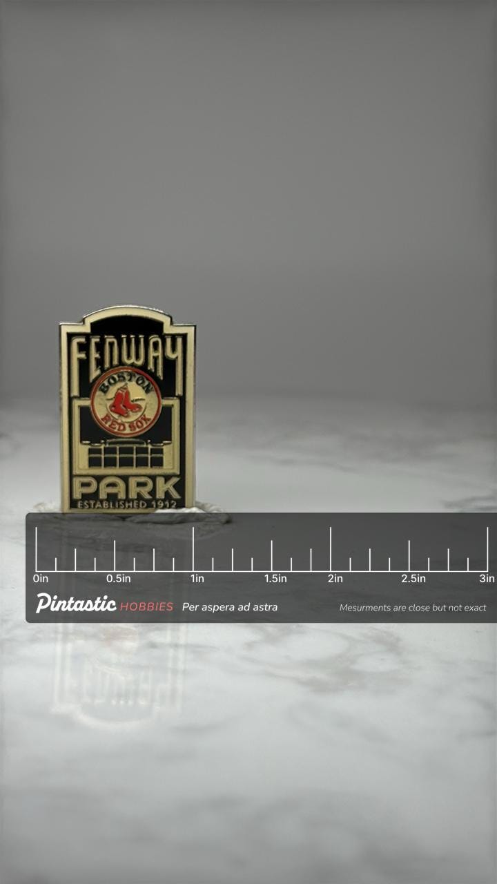 Fenway Park Boston Red Sox Pin: Black Gold Enamel - MLB Souvenir with ruler overlay for size reference
