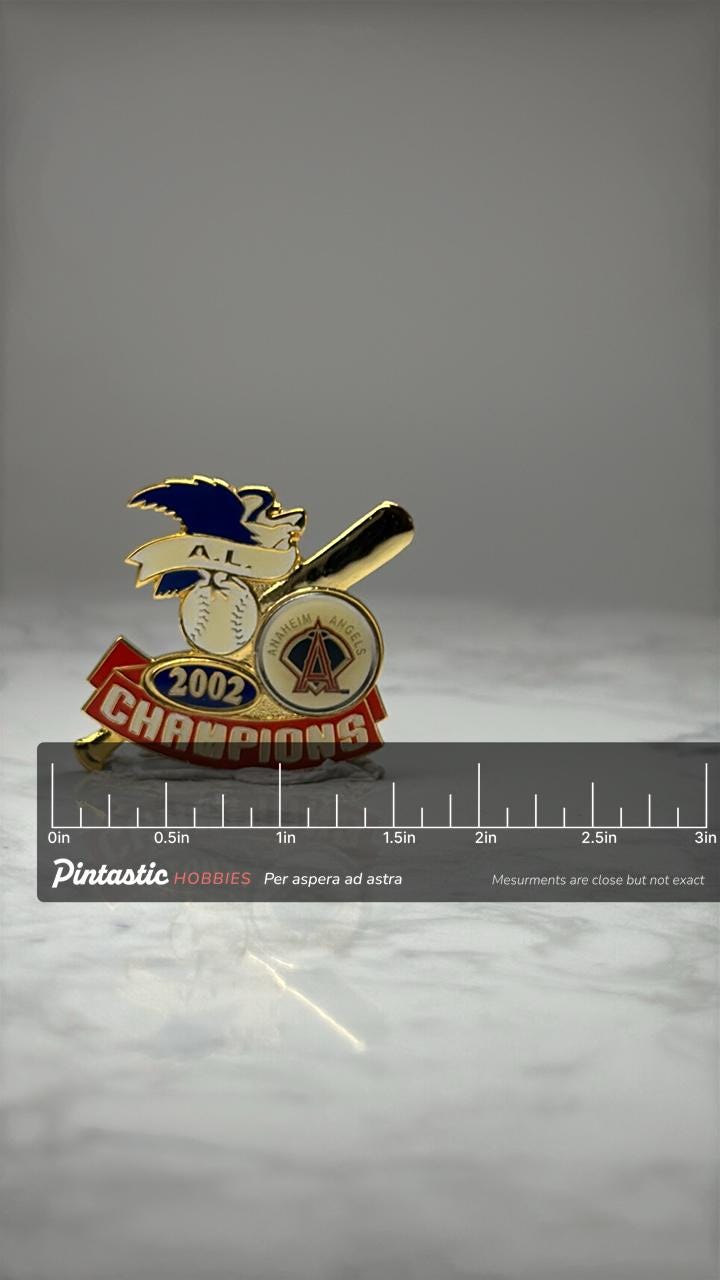 Anaheim Angels 2002 Champions Lapel Pin: Gold Enamel - MLB with ruler overlay for size reference