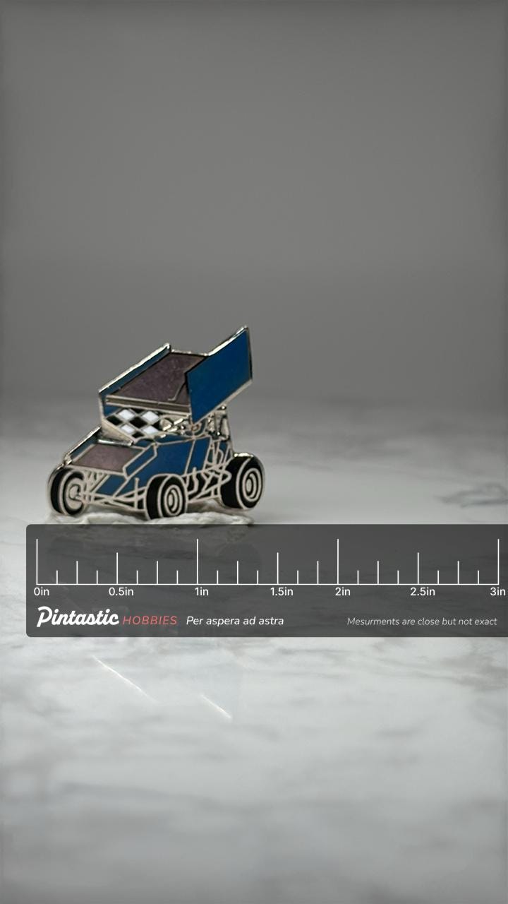 Sprint Car Racing Enamel Pin: Blue Silver Finish - Motorsports Accessory with ruler overlay for size reference