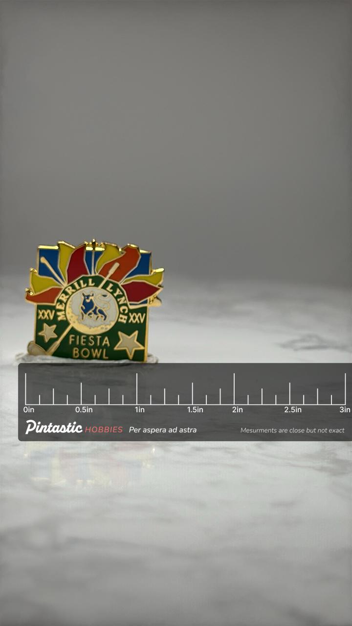 Merrill Lynch Fiesta Bowl Lapel Pin: Gold Tone Enamel - XV with ruler overlay for size reference