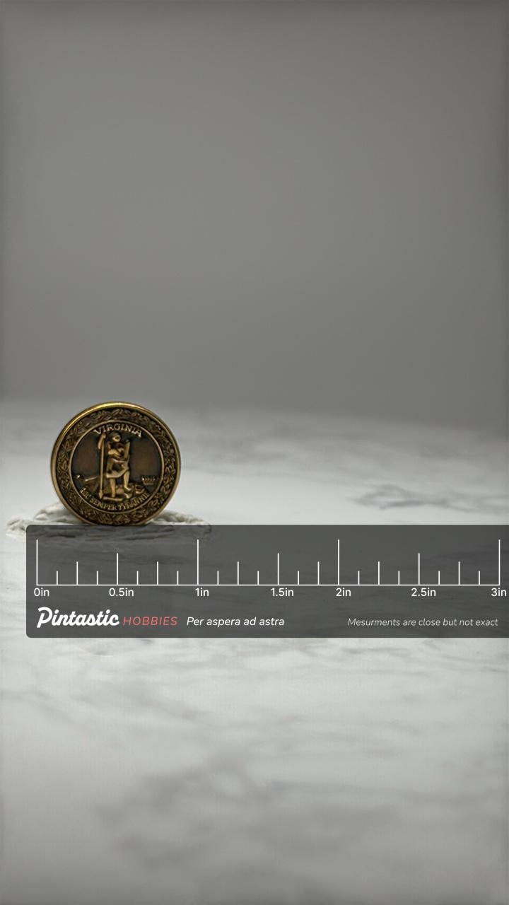 Virginia State Seal Lapel Pin: Gold Tone Enamel - Patriotic Accessory with ruler overlay for size reference