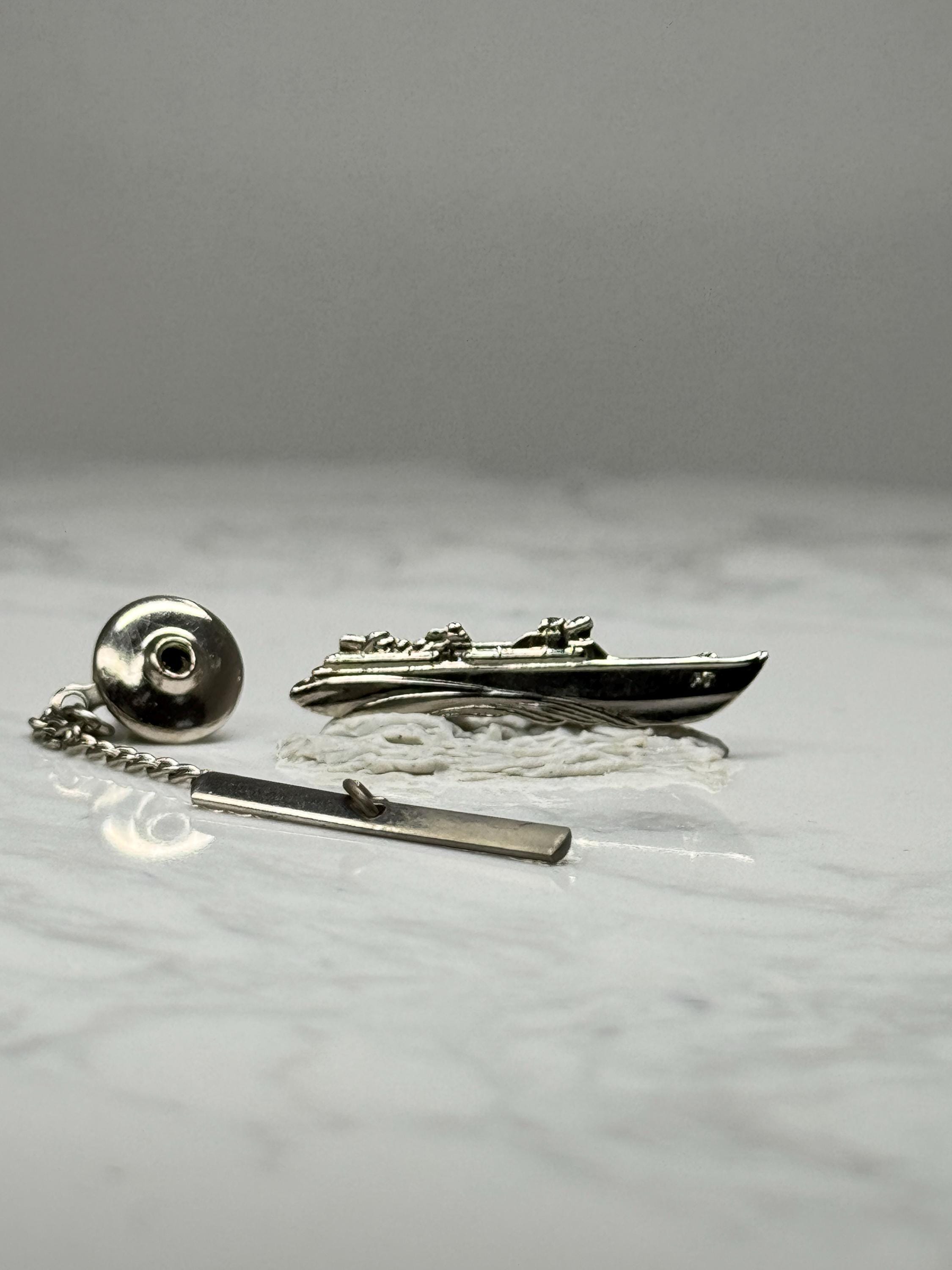 Speedboat Tie Tack: Silver Tone Metal - Nautical Boating Accessory