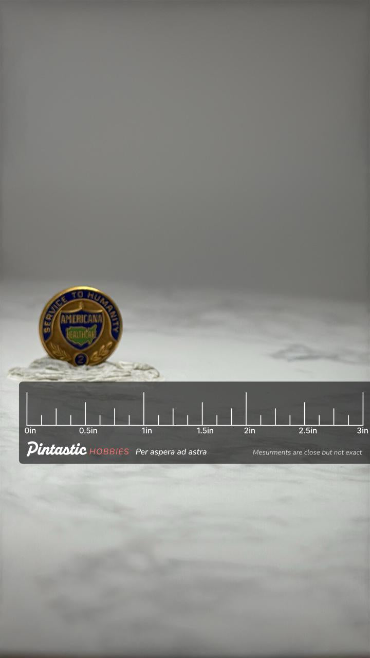Americana Healthcare Service Pin: Gold Tone Enamel - Corporate Award with ruler overlay for size reference