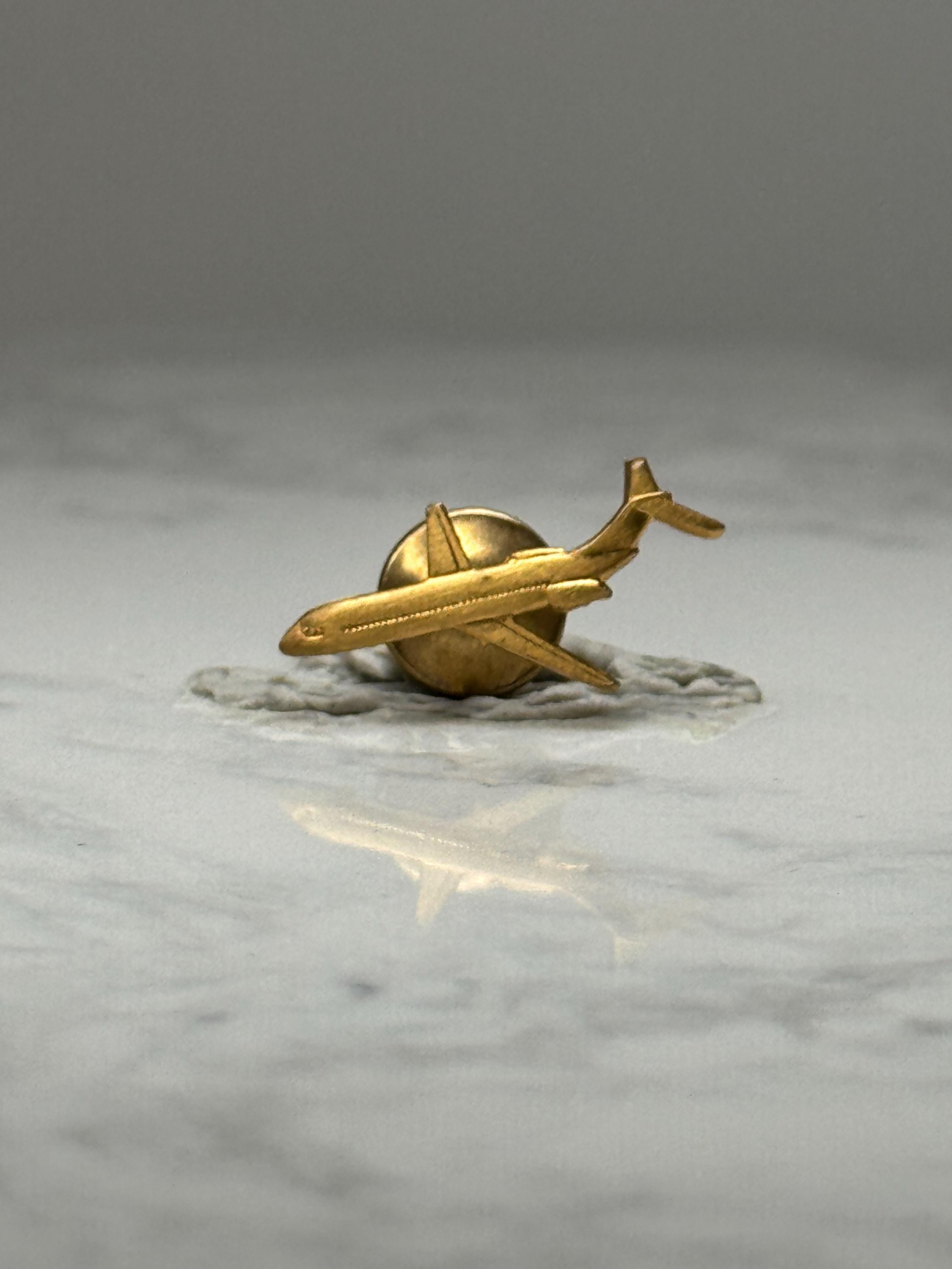 Airplane Jet Lapel Pin: Gold Tone Metal - Aviation Travel Accessory