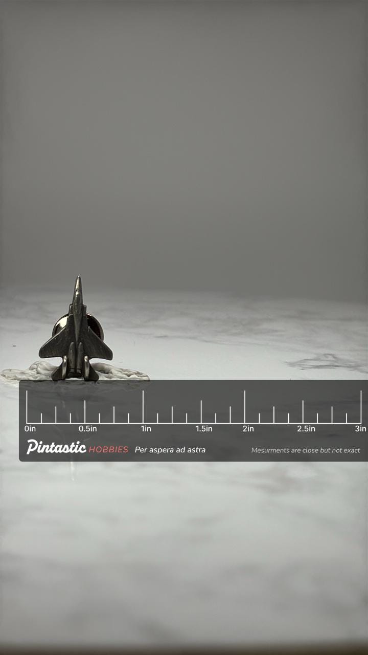 Fighter Jet Airplane Pin: Silver Tone Metal - Military Aviation Accessory with ruler overlay for size reference