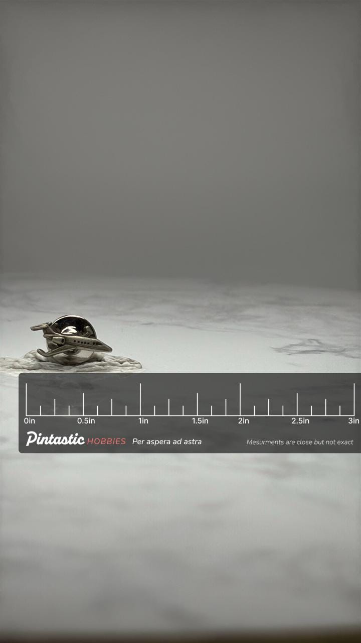 Airplane Jet Lapel Pin: Silver Tone Metal - Aviation Accessory with ruler overlay for size reference