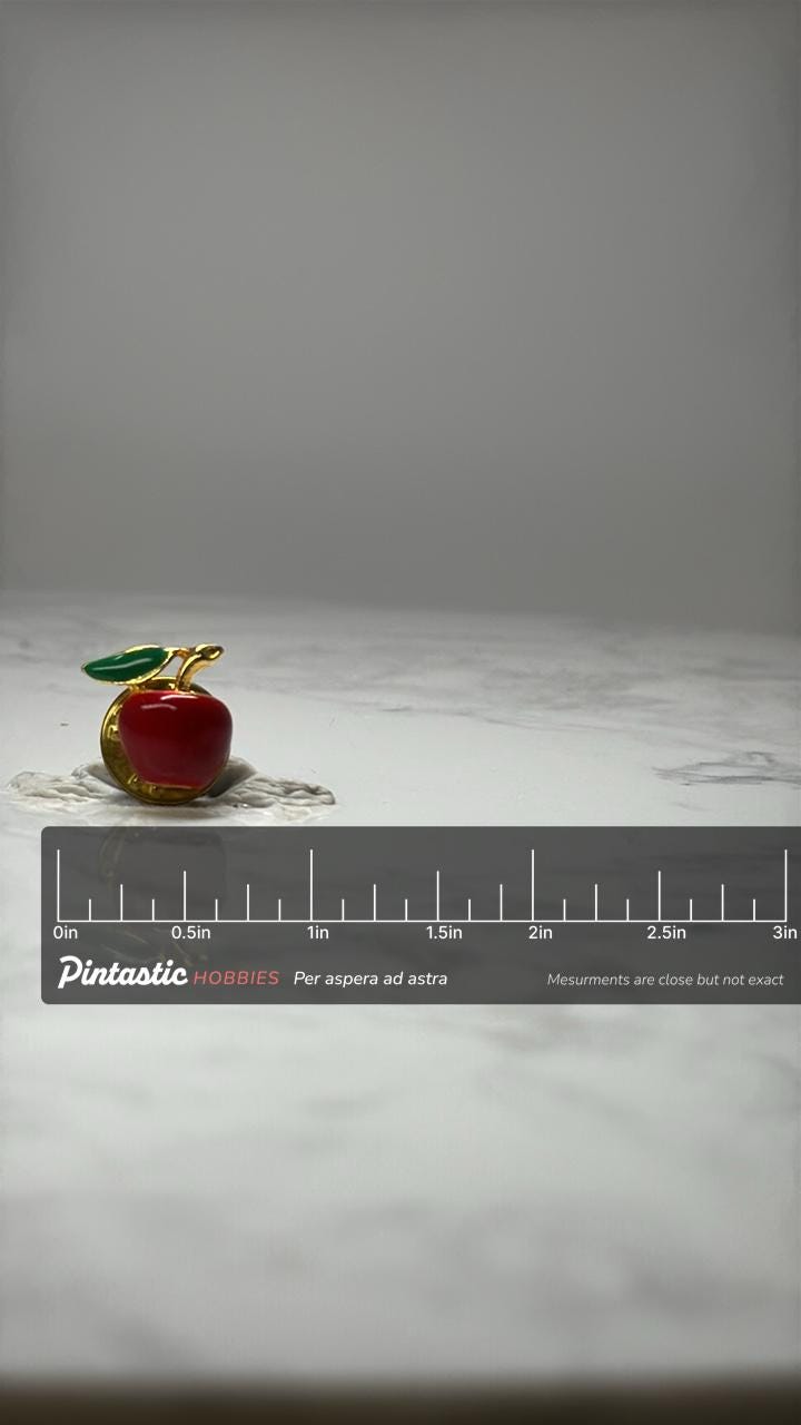 Red Apple Enamel Lapel Pin: Gold Tone - Teacher Gift Accessory with ruler overlay for size reference