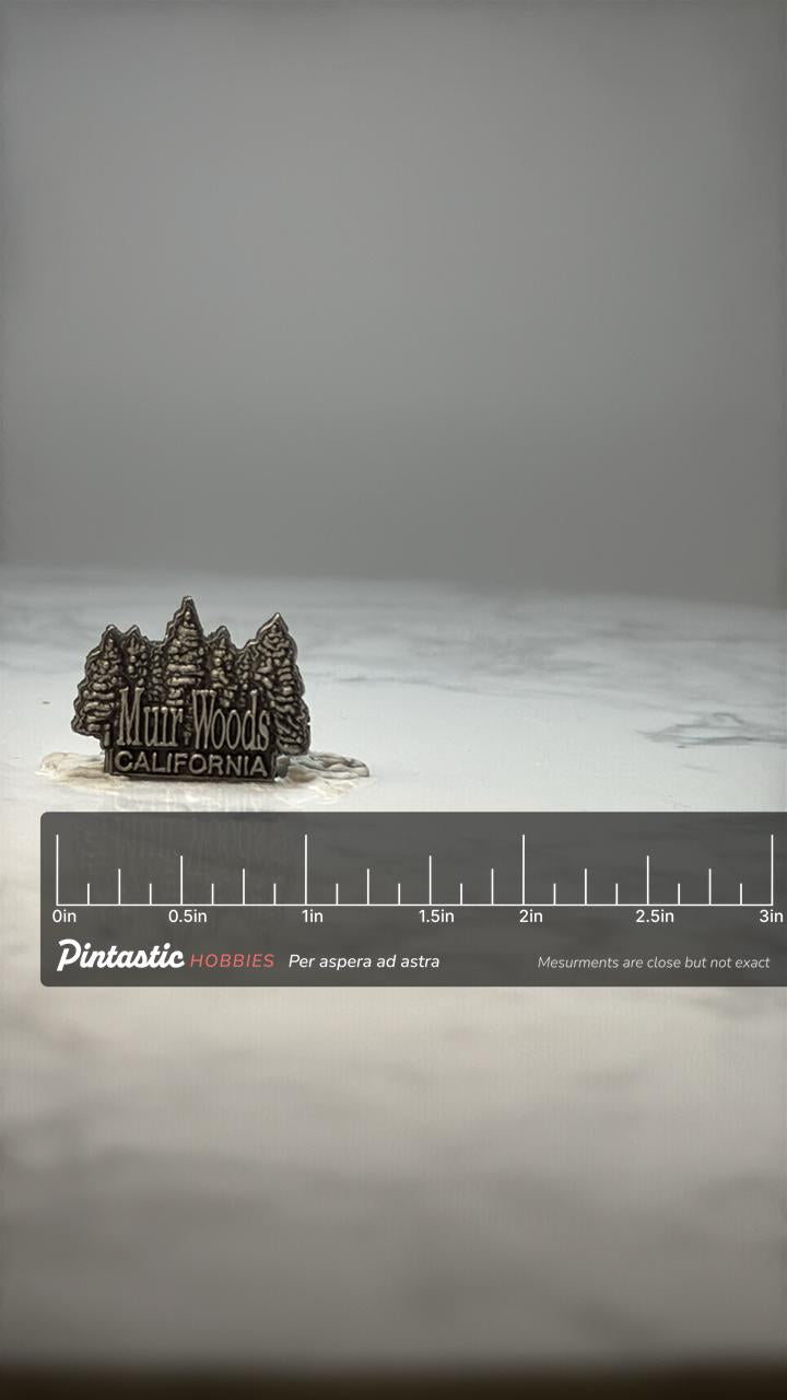 Muir Woods California Souvenir Pin: Silver Tone - Redwood Forest Travel Accessory with ruler overlay for size reference