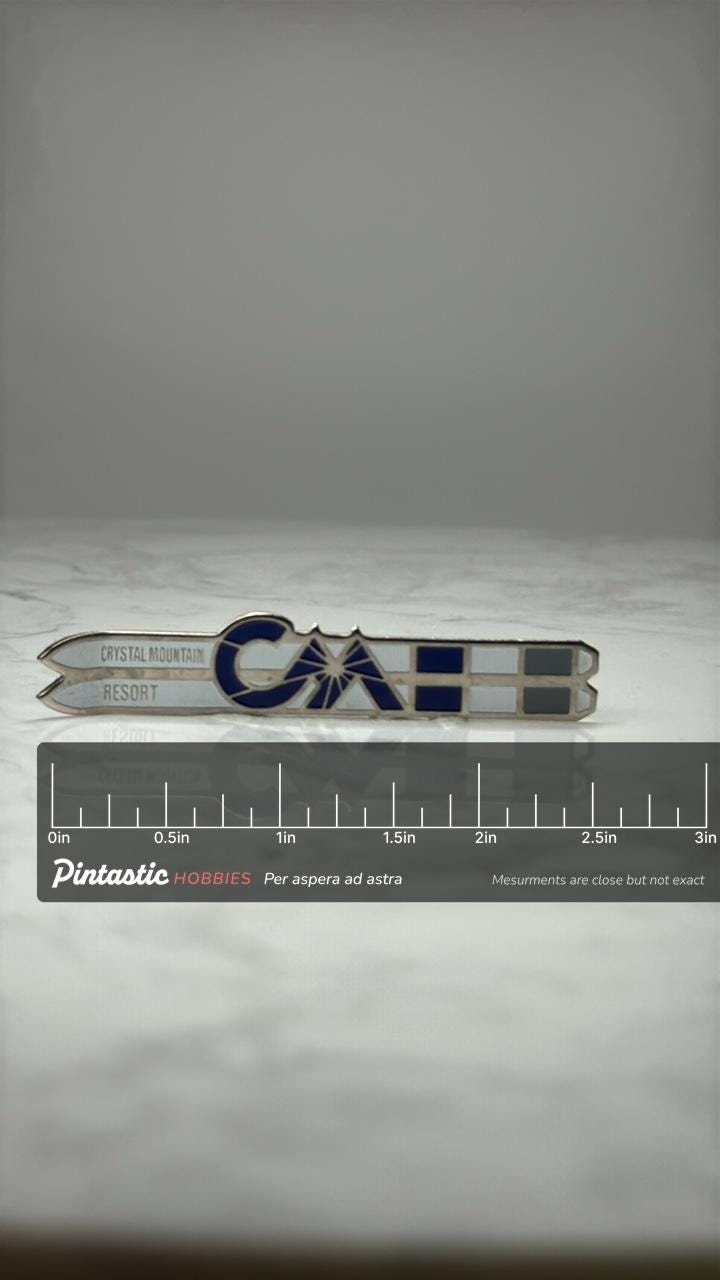 Crystal Mountain Resort Ski Pin: Blue White Enamel - Ski Lodge Souvenir with ruler overlay for size reference
