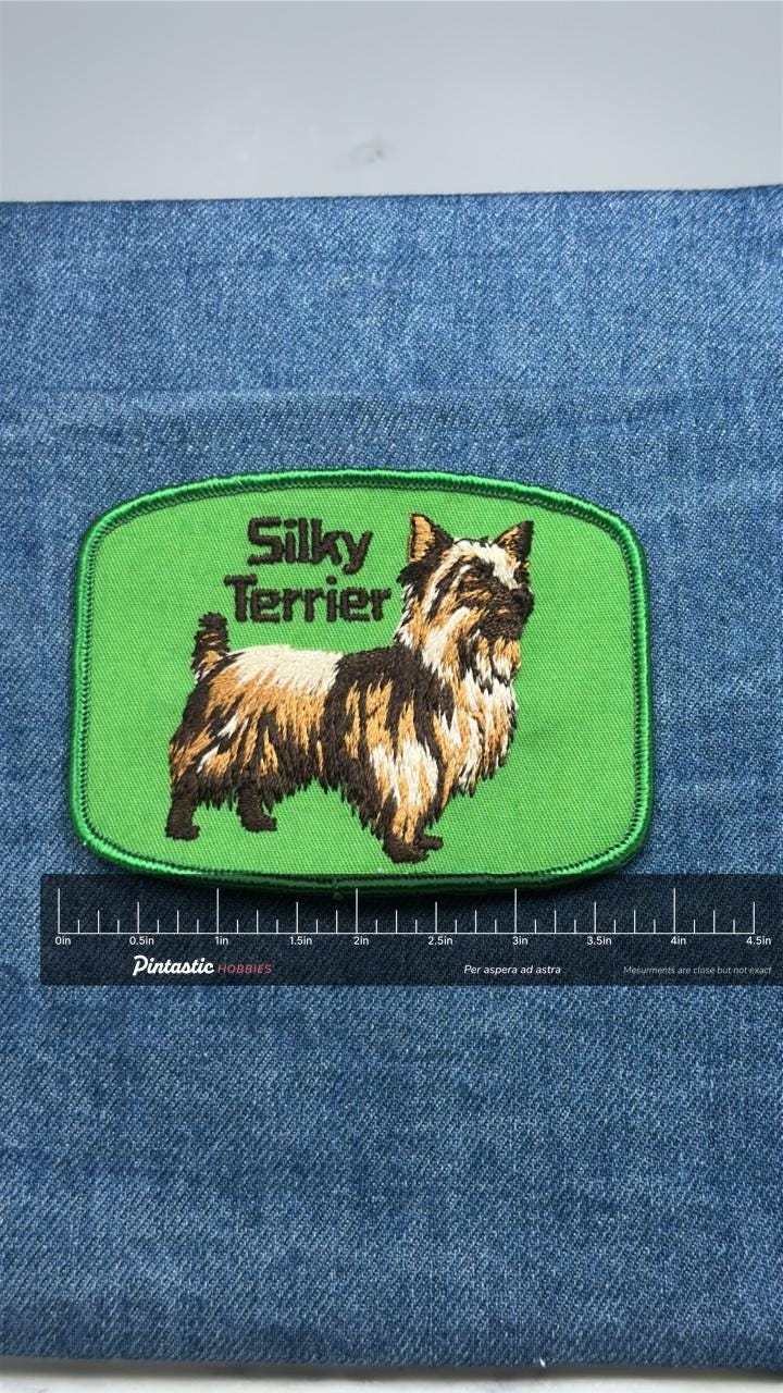 Silky Terrier Patch: Green Border - Dog Breed Accessory with ruler overlay for size reference