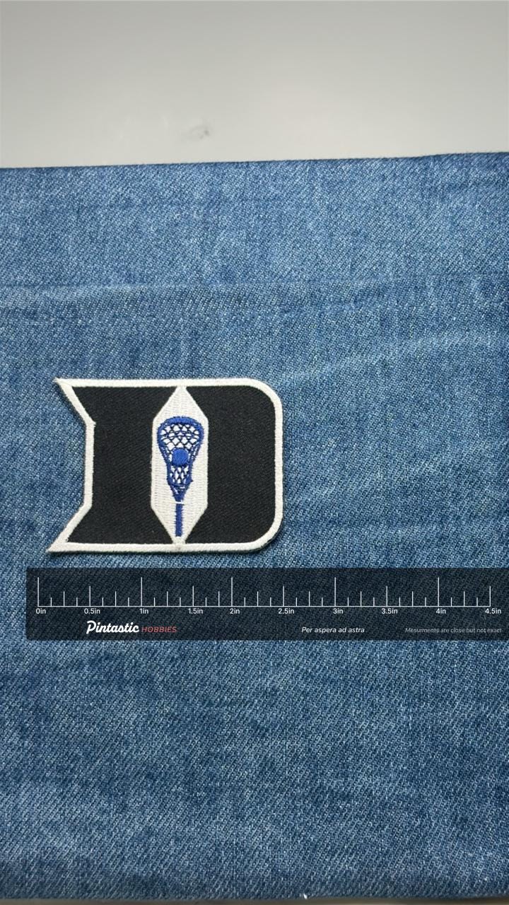 Duke Lacrosse D Patch: Black Blue & White - College Sports Accessory with ruler overlay for size reference