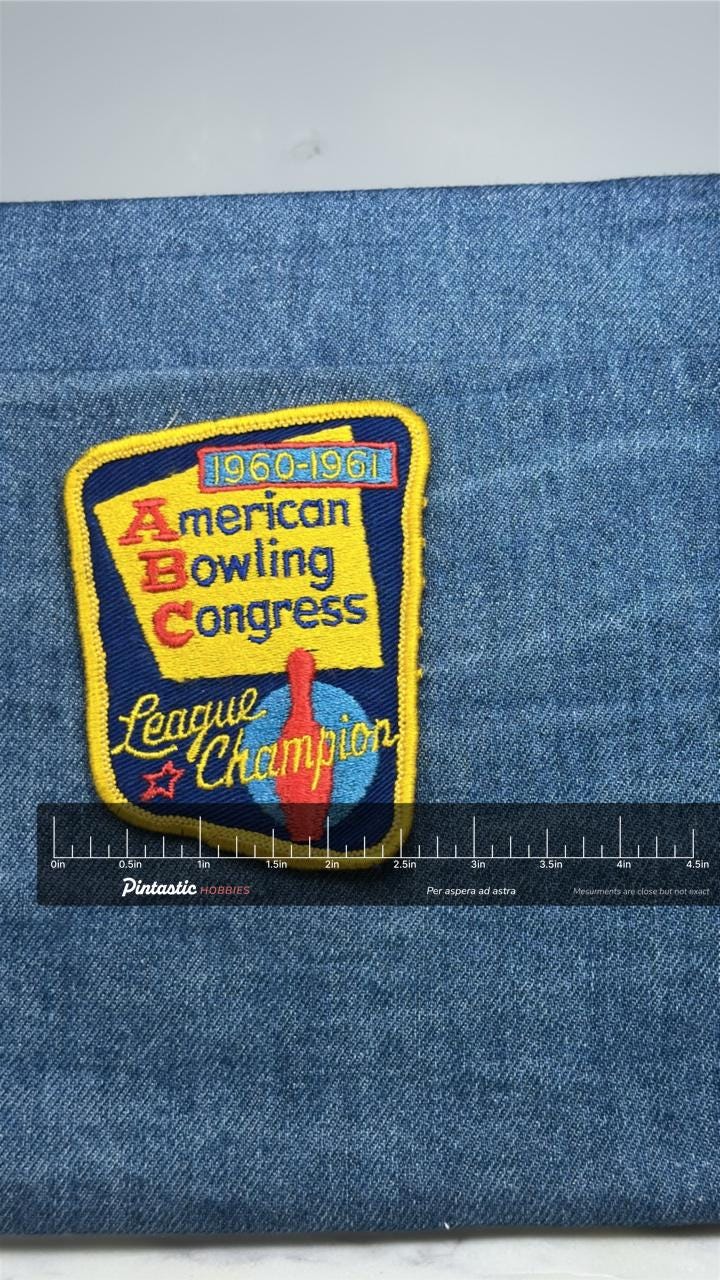 American Bowling Congress League Champion Patch: Yellow Blue - 1960s Sports Accessory with ruler overlay for size reference