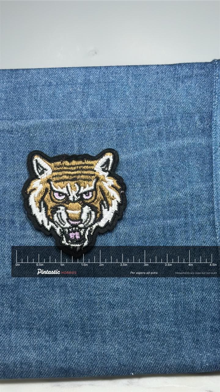 Tiger Head Patch: Gold & Black - Wildlife Accessory with ruler overlay for size reference