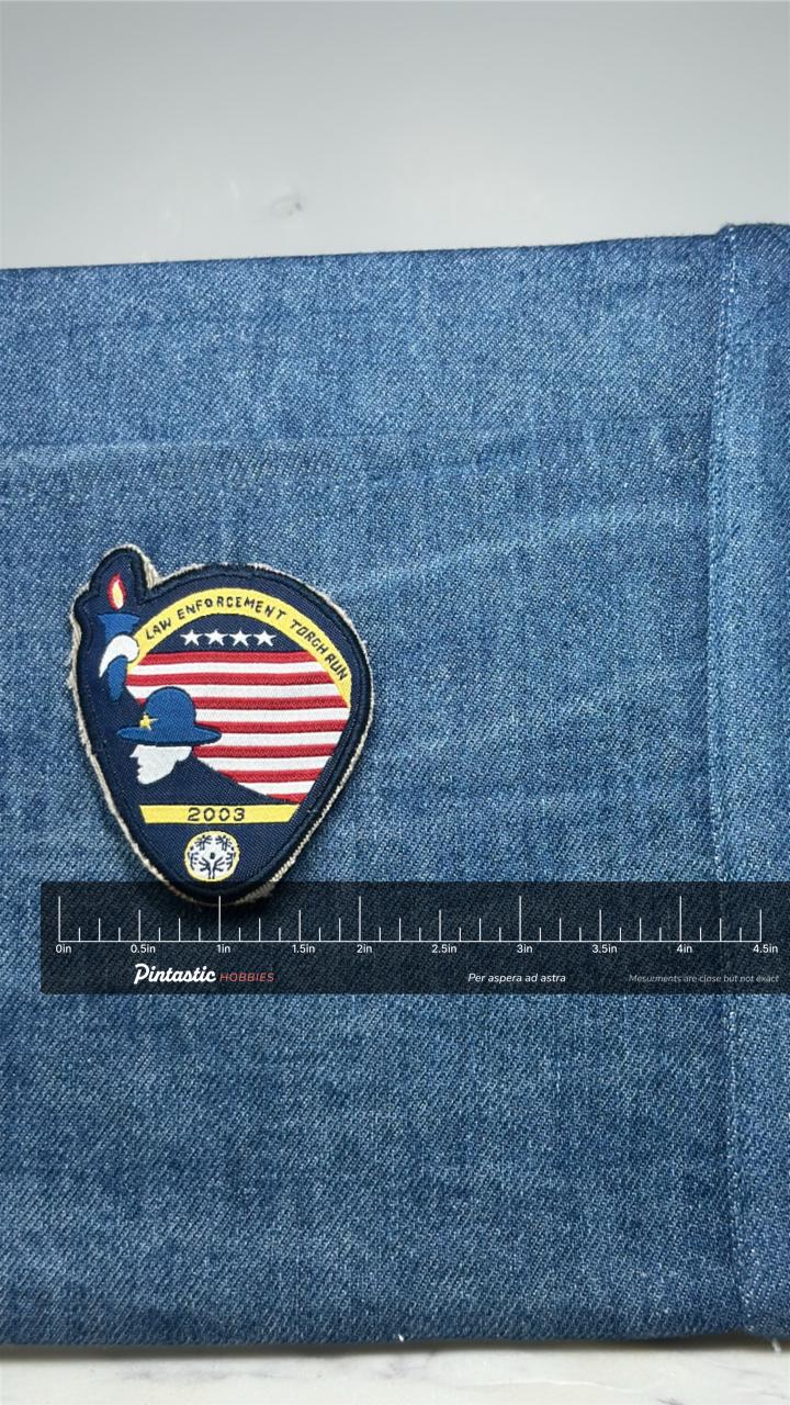Law Enforcement Torch Run Patch: Patriotic Shield - 2003 Event Accessory with ruler overlay for size reference