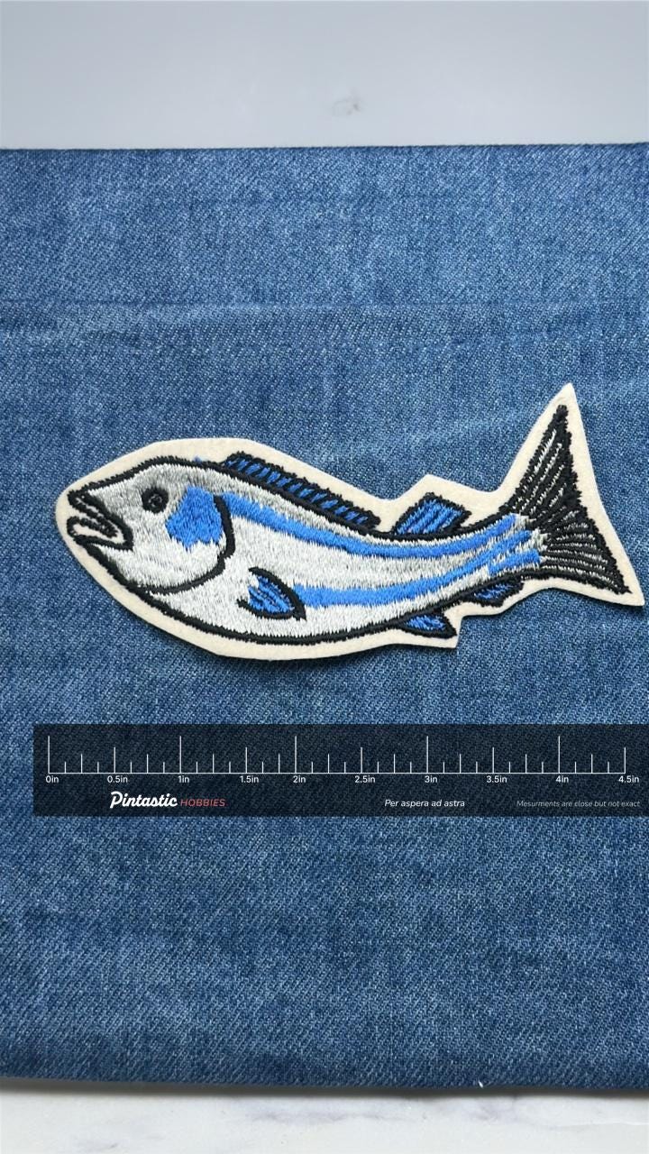 Blue Fish Patch: Black Trim - Nautical Nature Accessory with ruler overlay for size reference