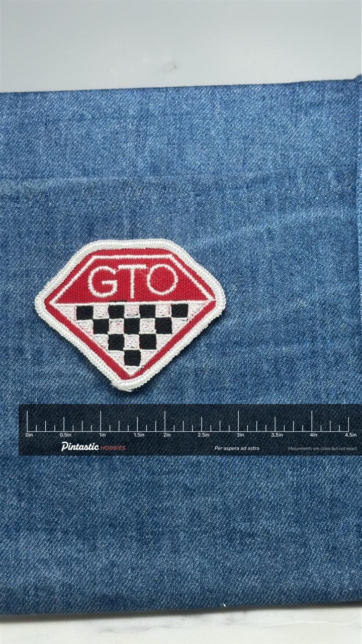 GTO Racing Patch: Red & Checkered - Muscle Car Accessory with ruler overlay for size reference