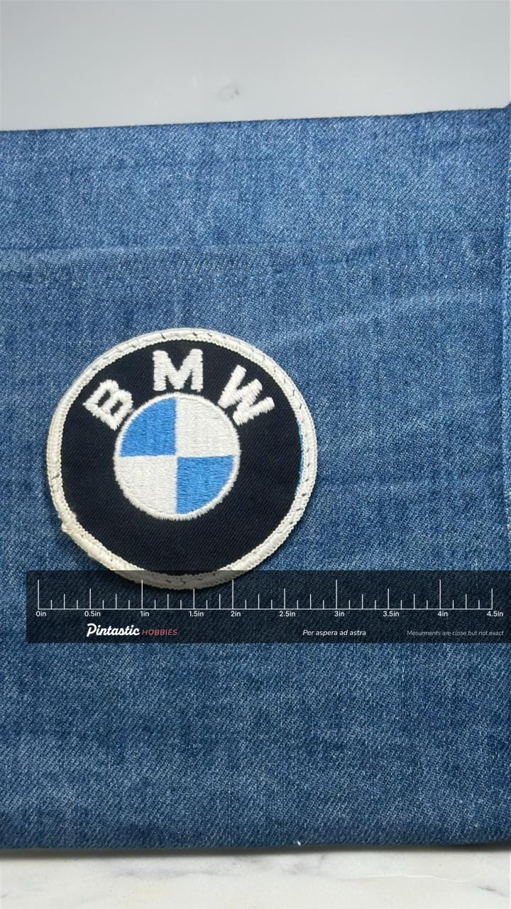 BMW Logo Patch: Black & Blue Round - Auto Brand Accessory with ruler overlay for size reference
