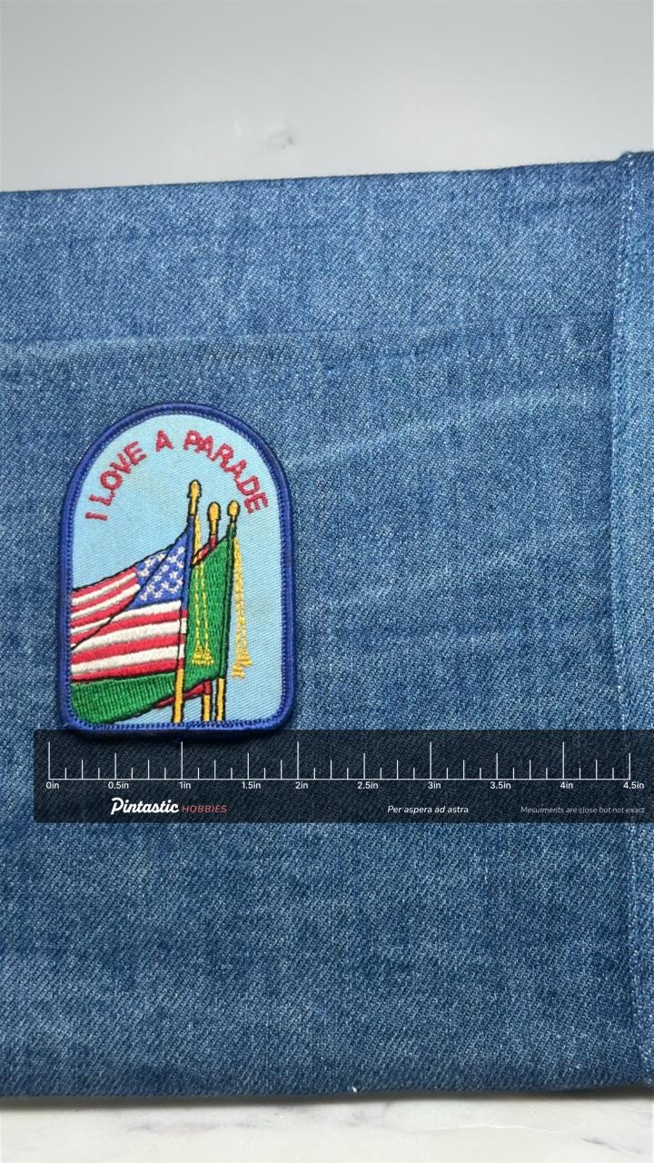 I Love A Parade Patch: Red White Blue - Patriotic Accessory with ruler overlay for size reference