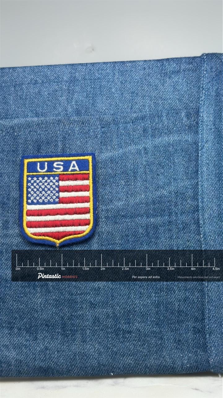 USA Flag Patch: Gold Border Shield - Patriotic Accessory with ruler overlay for size reference