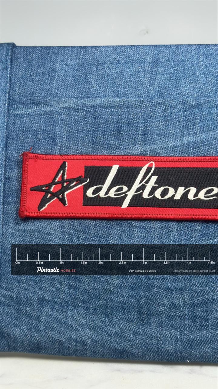 Deftones Patch: Red & Black Logo - 90s Alt Metal Accessory with ruler overlay for size reference