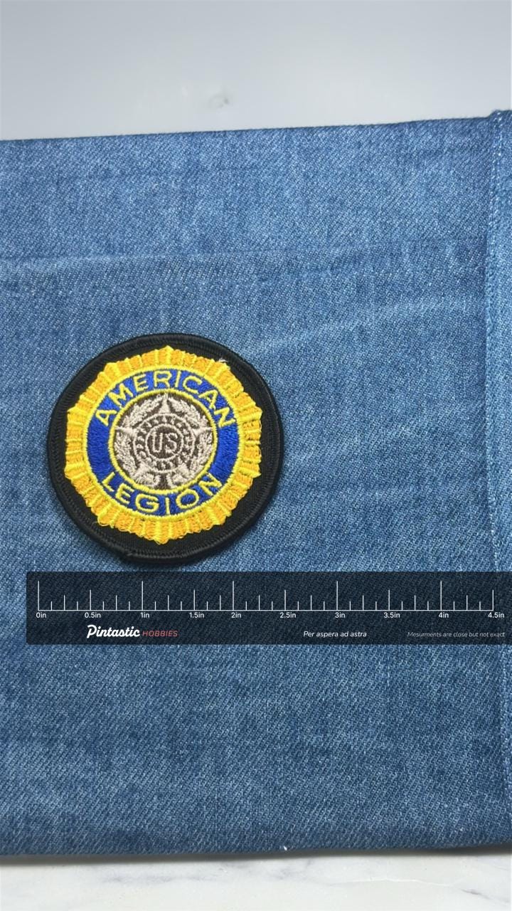 American Legion Patch: Gold & Blue Round - Patriotic Accessory with ruler overlay for size reference