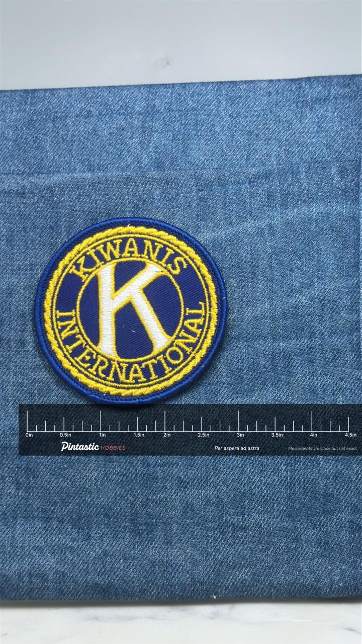Kiwanis International Patch: Blue & Gold - Service Club Accessory with ruler overlay for size reference