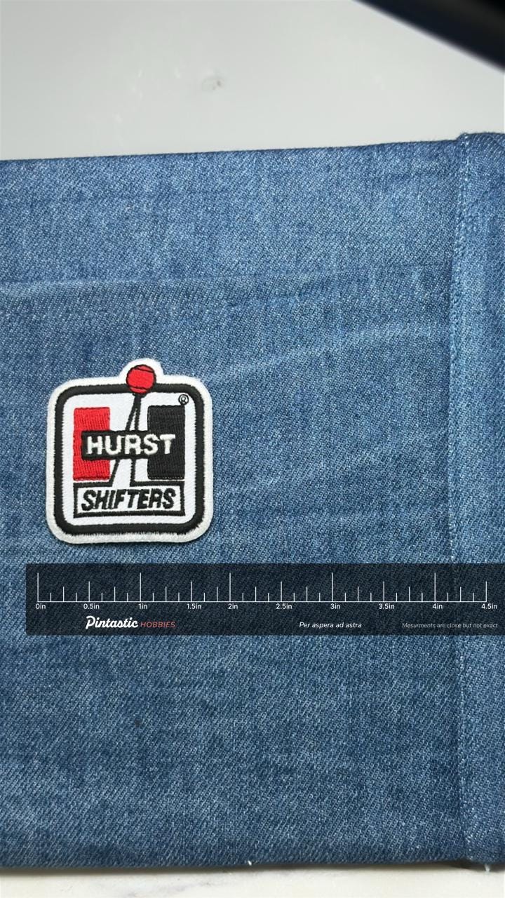Hurst Shifters Patch: Red Black Gear Logo - Racing Accessory with ruler overlay for size reference